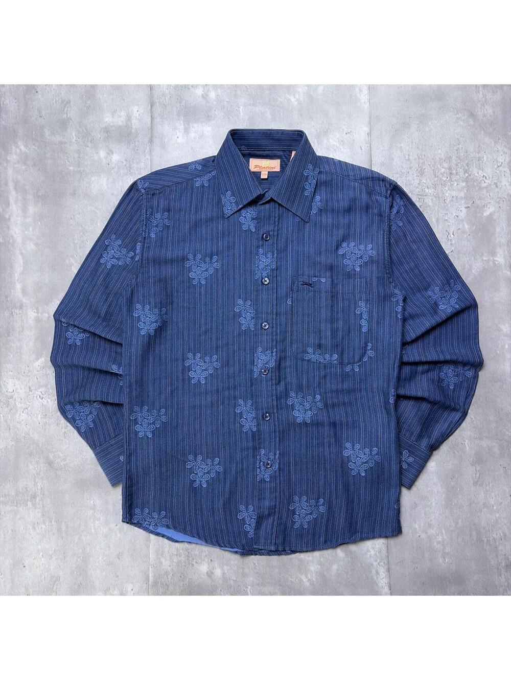 Y2K Blue Platini Grunge Floral Skater Long Sleeve Button Up Shirt